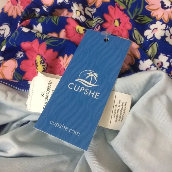 Cupshe Floral Swim Dress XL Blue Pink 1 Piece Adj Straps Removable Pads NWT - Picture 6 of 6